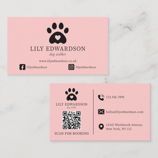 Rosa hundpromenerare husdjurssittande QR-kod för t Visitkort (Fram/baksida)