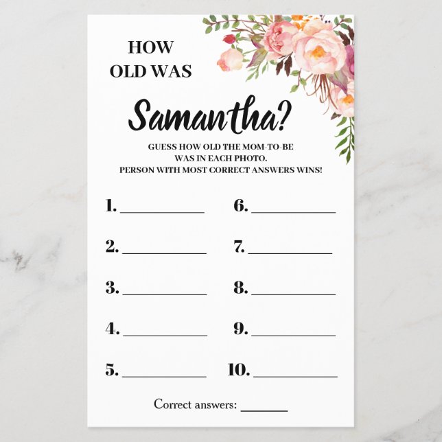 Rosa Hur gammal var hon duschingual-spelkort? Flygblad (Framsidan)