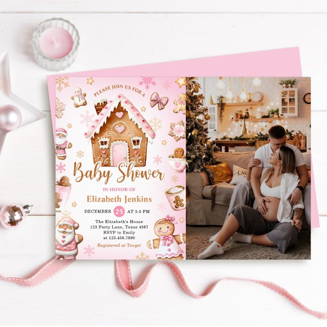 Rosa hus av pepparkakor jul bebis shower foto inbjudningar (Skapare uppladdad)