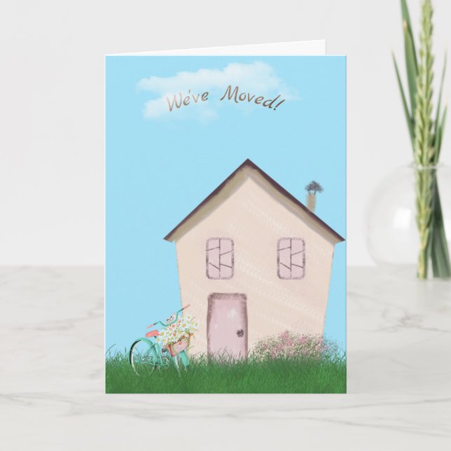 rosa hus med cykel och katt för nya hem kort (Framsida)