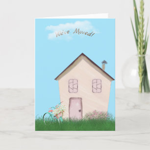 rosa hus med cykel och katt för nya hem kort