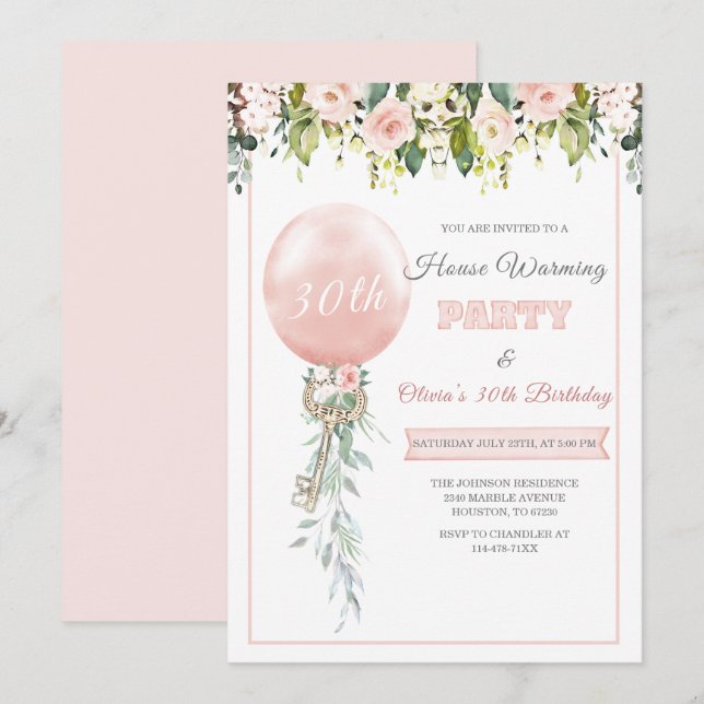 Rosa Hushållsuppvärmning och födelsedagsmall Inbjudningar (Fram/baksida)