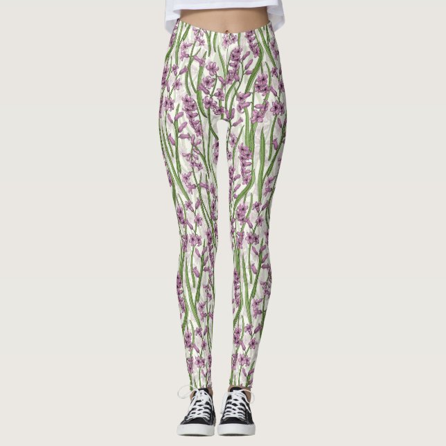 Rosa Hyacint-blommor på naturlig vit blomma Leggings (Framsida)