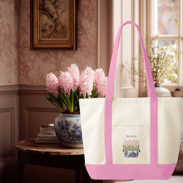 Rosa hyacinter Chinoiserie kruka med rosa slinga  Tygkasse (Pink Hyacinths in Chinoiserie planter tote bag)