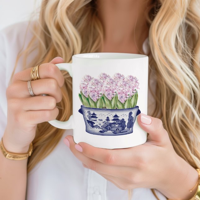 Rosa Hyacinths in Chinoiserie Planter Ceramic Kaffemugg (Pink hyacinths in blue and white Chinoiserie planter personalized mug)