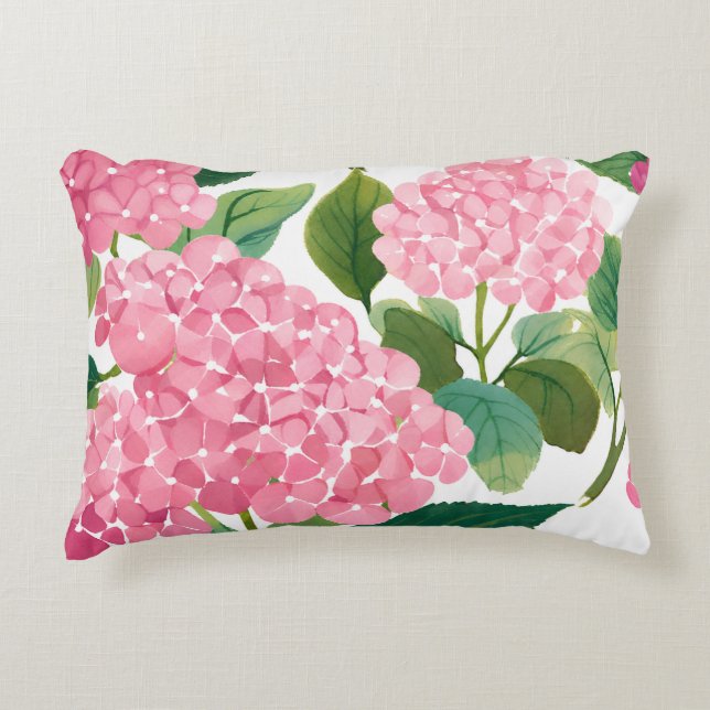 Rosa Hydrangea Akvarell Blommig Kust Prydnadskudde (Framsidan)