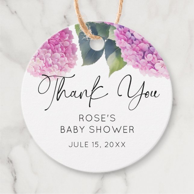 Rosa Hydrangea Baby Shower Gåvor Etiketter (Framsida)
