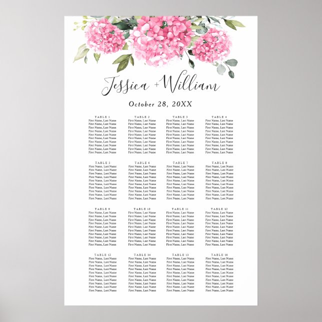 Rosa Hydrangea Blommig 16 Bord SITTPPLAN Poster (Framsidan)