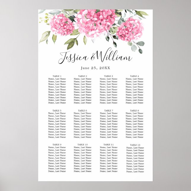 Rosa Hydrangea Blommig Bordplan 12 Poster (Framsidan)