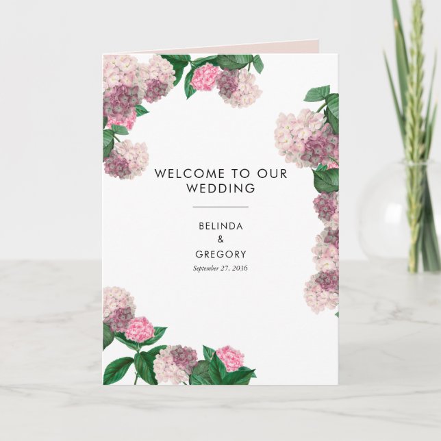 Rosa Hydrangea Blommig Bröllopsordning Program (Framsida)