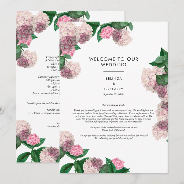 Rosa Hydrangea Blommig Grönska Bröllopsprogram  Program (Fram/baksida)