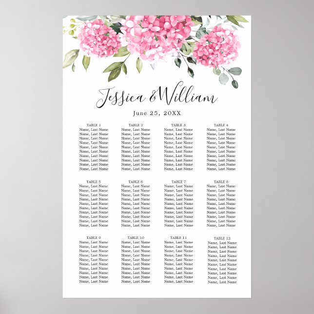 Rosa Hydrangea Blommigt 12 Bord SITTCHART Poster (Framsidan)