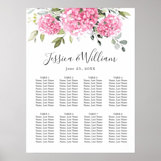 Rosa  Hydrangea Blommigt 8 Bord SITTCHART Poster (Framsidan)