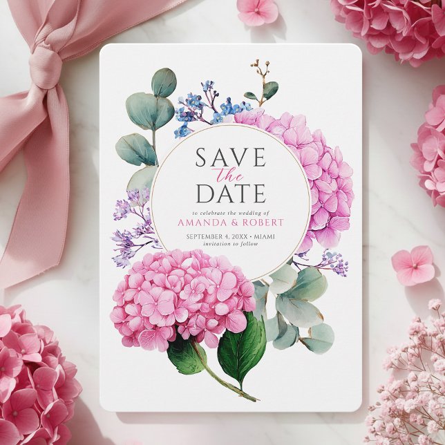 Rosa Hydrangea Blommor Akvarell Elegant Bröllop Spara Datumet (Pink Hydrangea Flowers Watercolor Elegant Wedding Save The Date)