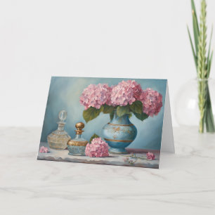Rosa Hydrangea Blommor och Vintage Parfymflaskor Kort