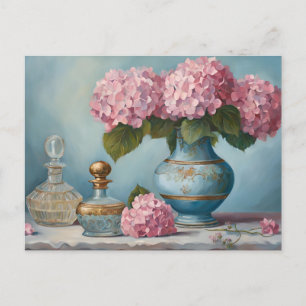Rosa Hydrangea Blommor och Vintage Parfymflaskor Vykort