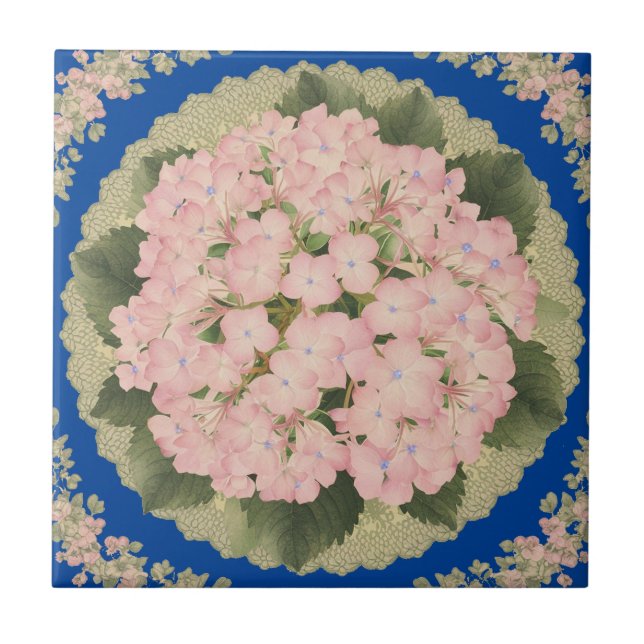 Rosa Hydrangea Blooms Blommigt blue Ceramic Tile Kakelplatta (Framsidan)