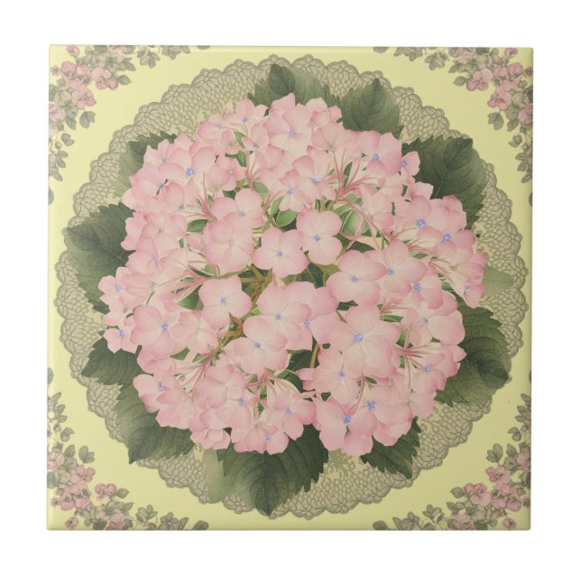 Rosa Hydrangea Blooms Blommigt gult Keramiska plat Kakelplatta (Framsidan)