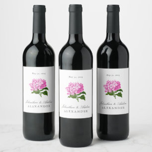 Rosa Hydrangea Bröllop Datum och Namn Vinflaska Etikett
