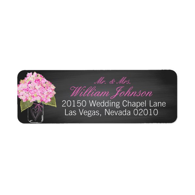 Rosa Hydrangea Burk Chalkboard Bröllop-etikett Returadress Etikett (Framsidan)