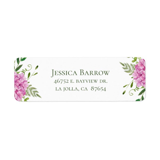 Rosa Hydrangea Flick Babyshower Returadress Etikett (Framsidan)