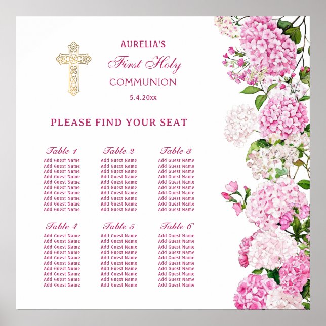 Rosa Hydrangea Första Kommunion Placeringsplan Poster (Framsidan)