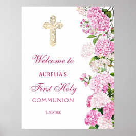 Rosa Hydrangea Första Kommunion Välkommen Poster