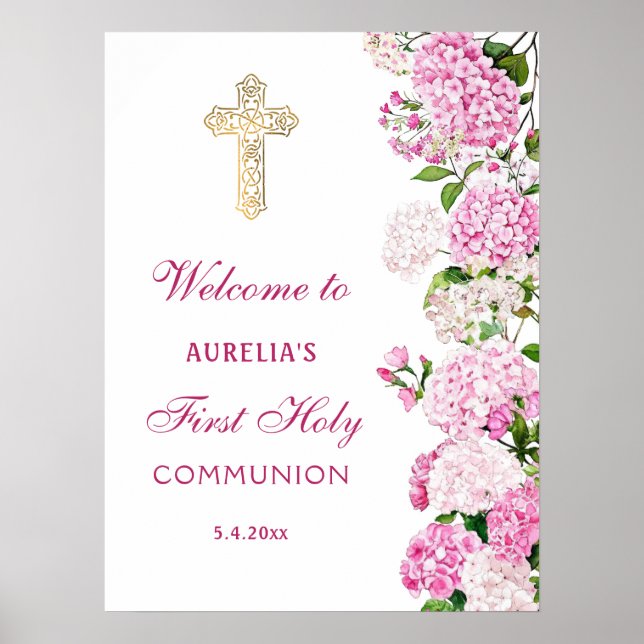 Rosa Hydrangea Första Kommunion Välkommen Poster (Framsidan)