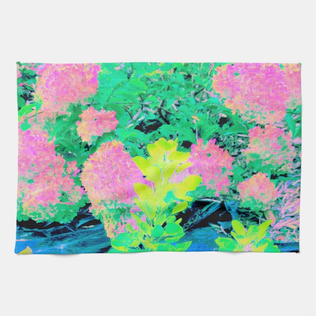 Rosa Hydrangea Garden med Gult Foliage Kökshandduk (Horisontell)