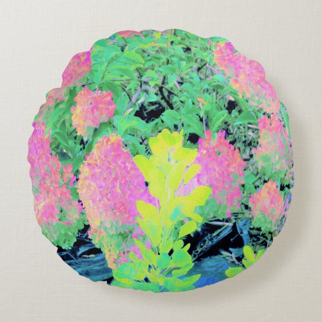 Rosa Hydrangea Garden med Gult Foliage Rund Kudde (Framsidan)