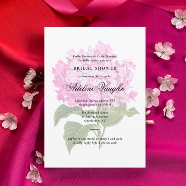 Rosa Hydrangea Grandmillennial Bröllopsdusch Inbjudningar (Antique Pink Hydrangea graphic white bridal shower invitation with traditional and elegant text)