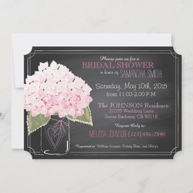 Rosa Hydrangea Mason Burk Chalkboard Möhippa Inbjudningar (Framsida)