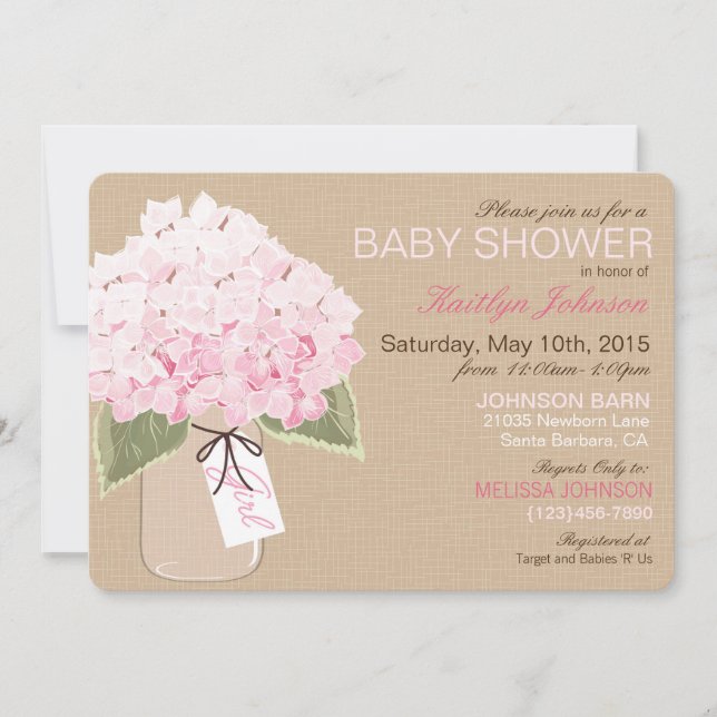 Rosa Hydrangea Mason Burk Rustic Baby Shower Inbjudningar (Framsida)