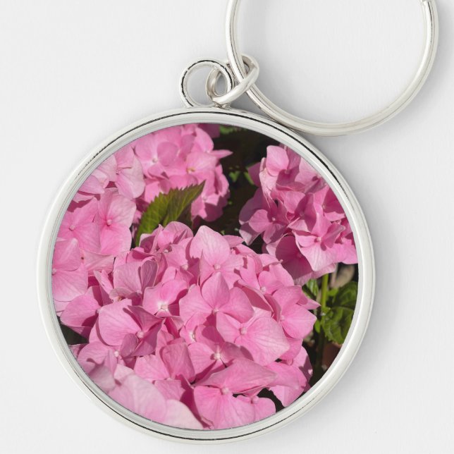 Rosa Hydrangea Rund Silverfärgad Nyckelring (Framsidan)