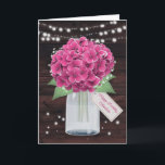 Rosa Hydrangea Rustic Blommigt Sister Födelsedag Kort<br><div class="desc">Söt rustik rosa blommigt födelsedagskort med rosa hydrangeas och baby utandning inuti en mason burk mot en rustik träbakgrund. String ljus och dubbla stjärnor tillför en magisk charm till den här söta blommigten. En blommigt märkre med anpassningsbar "Grattis på födelsedagen" på framsidan och ett stort blommigt hjärta med ett meddelande...</div>