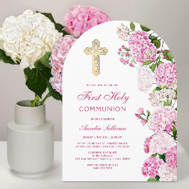 Rosa Hydrangea valv First Communion Inbjudningar