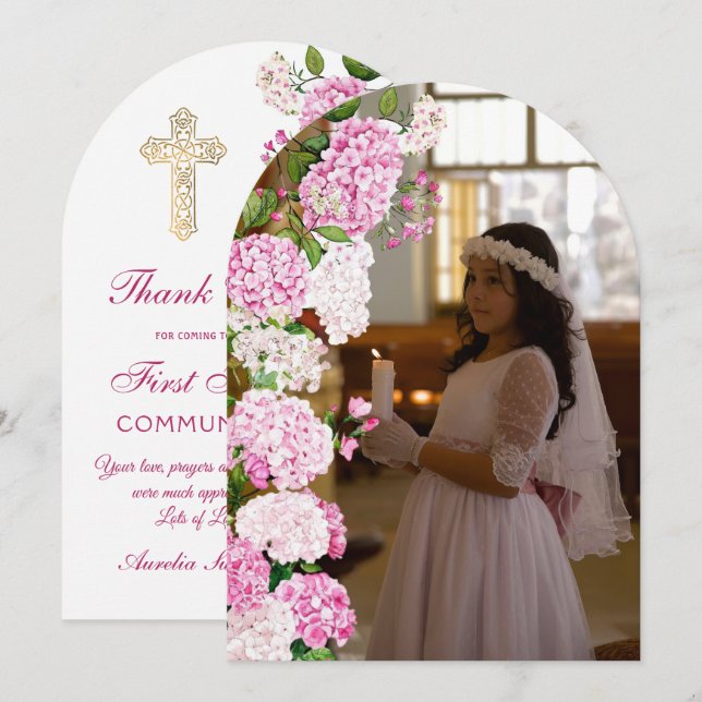 Rosa Hydrangea valvack First Communion tackkort Inbjudningar (Fram/baksida)