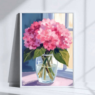Rosa Hydrangea Vas Blomsterbukett Vattenfärg Poster
