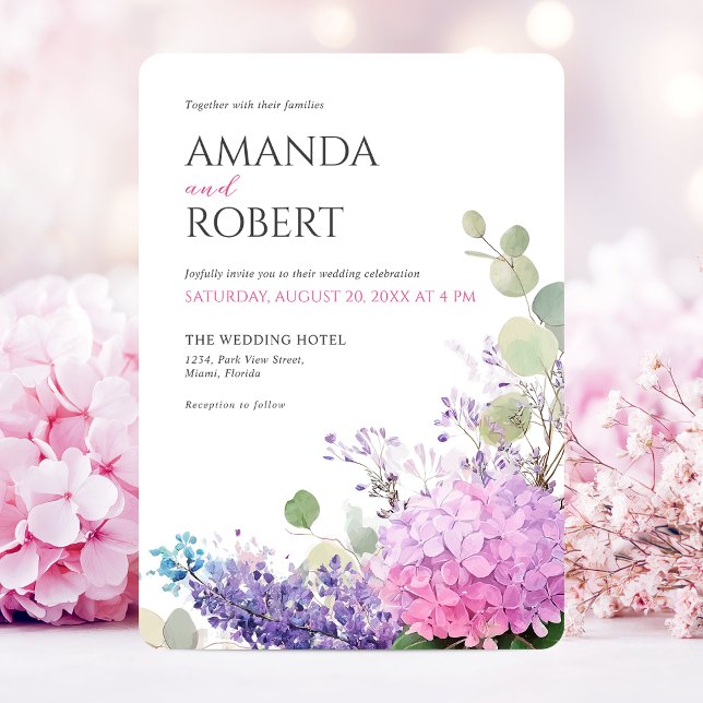 Rosa Hydrangea Vattenfärg Blommor Elegant Bröllop Inbjudningar (Pink Hydrangea Flowers Watercolor Elegant Wedding Invitation)