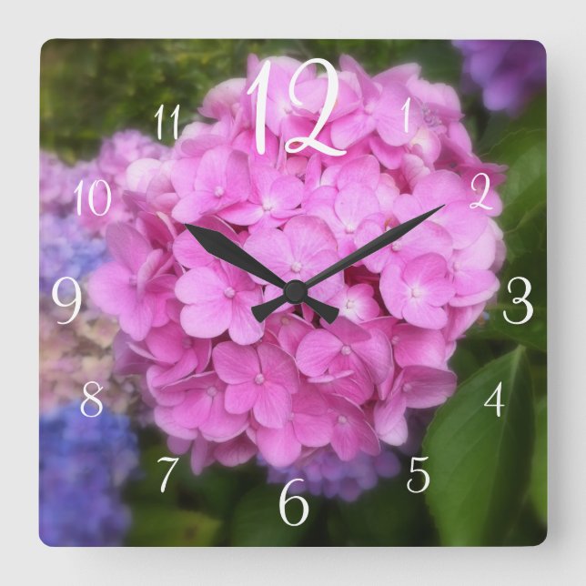 Rosa Hydrangea Wall Clock Fyrkantig Klocka (Framsida)