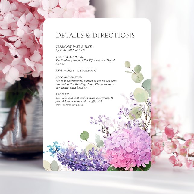 Rosa Hydrangeablommor Vattenfärg Elegant Bröllop Tilläggskort (Pink Hydrangea Flowers Watercolor Elegant Wedding Enclosure Card)