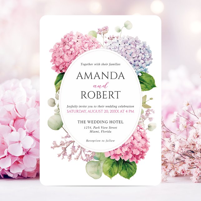 Rosa Hydrangeablommor Vattenfärg Oval Bröllopsfest Inbjudningar (Pink Hydrangea Flowers Watercolor Elegant Wedding Invitation)