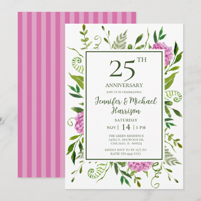 Rosa Hydrangeas 25-årsjubileumsinbjudan Inbjudningar (Fram/baksida)