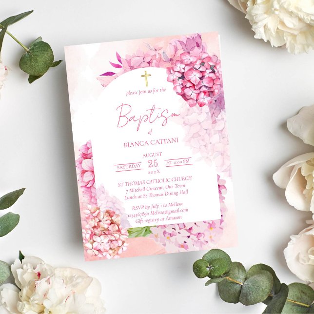 Rosa hydrangeas elegant  blommigt arch baptism inbjudningar (Pink hydrangeas baptism christening gold cross invitation template)