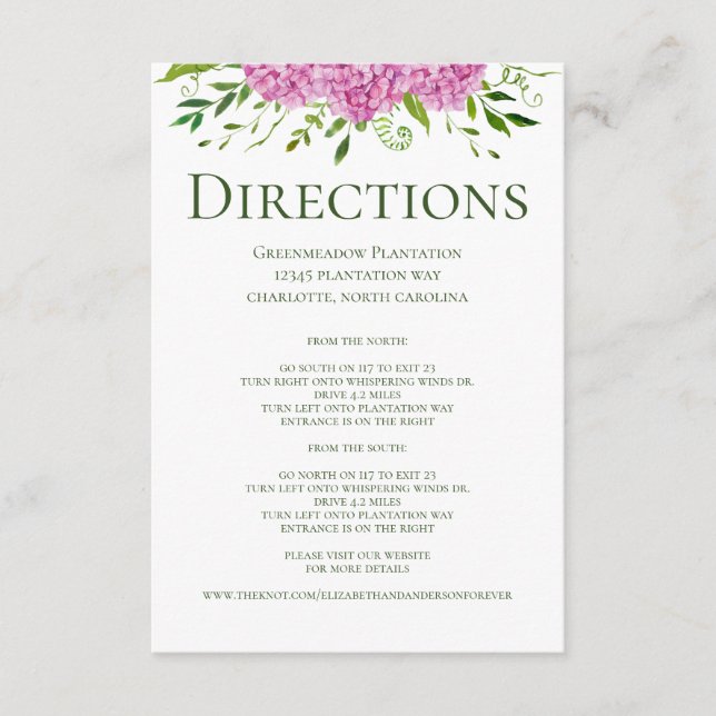 Rosa Hydrangeas Floral Wedding Directions Tilläggskort (Framsida)