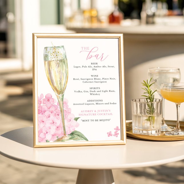 Rosa Hydrangeas & Guld Glass Pub Menu Poster (Skapare uppladdad)