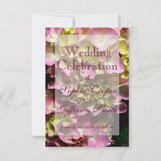 Rosa Hydrangeas gult rosa grönt blommigt Bröllop Spara Datumet (Framsida)