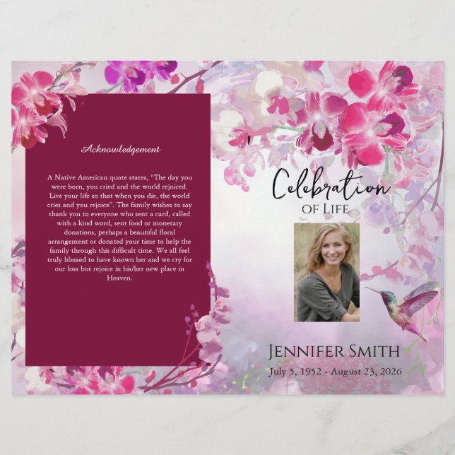 Rosa Hydrangeas Hummingbird Funeral Program (Framsidan)