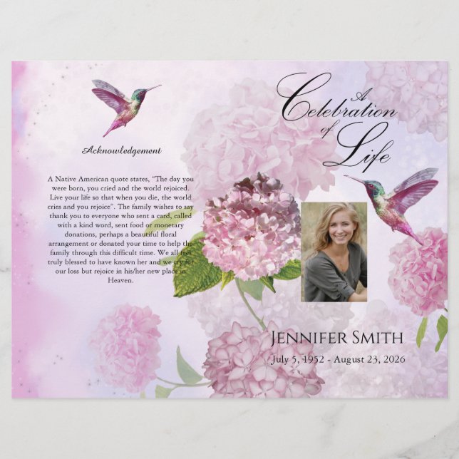 Rosa Hydrangeas Hummingbird Funeral Program (Framsidan)