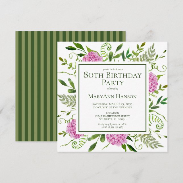 rosa Hydrangeas Inbjudningar (Fram/baksida)